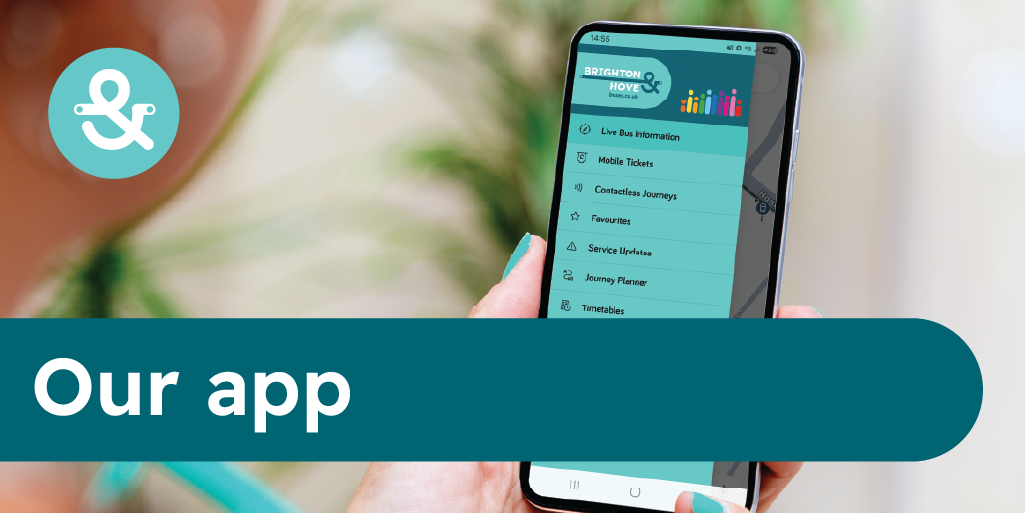 text reads 'our app' close up image of person using the Brighton & Hove app on their phone
