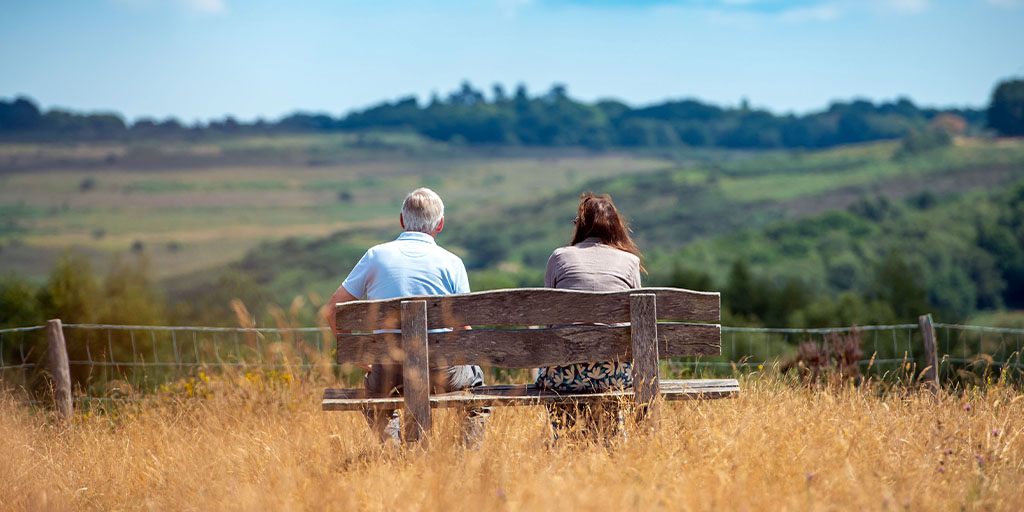 people sitting on a bench looking out to Ashdown forest