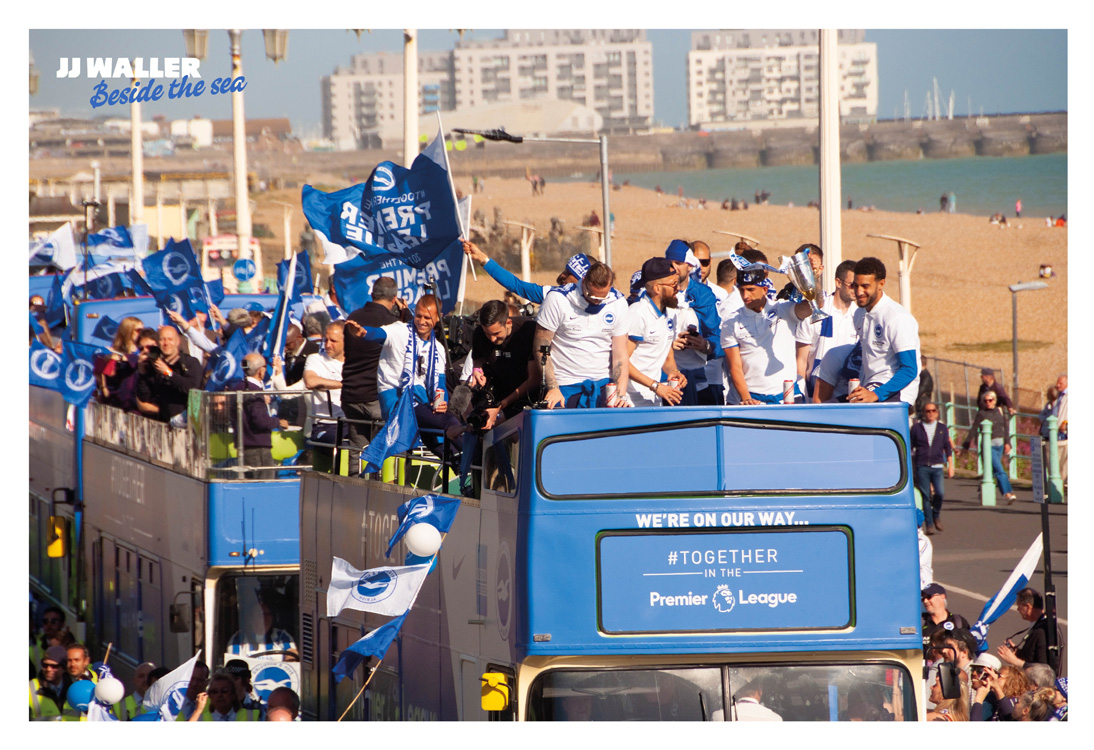 People celebrating Brighton & Hove Albion on the beach