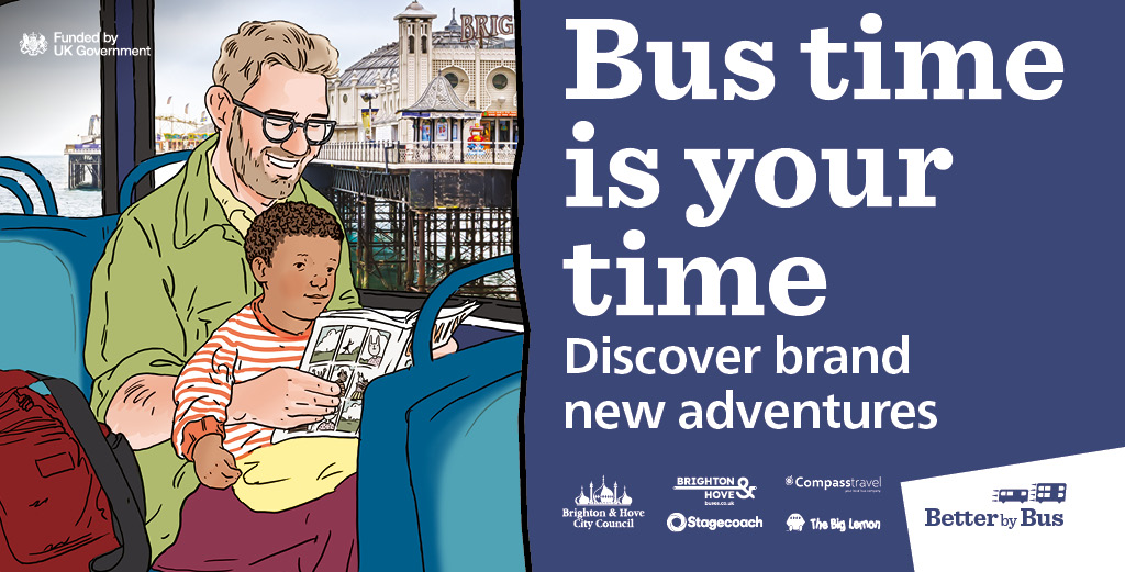 Illustration of a person on a bus reading to their child who is sat on his lap with the Brighton Pier behind them with text that says 'Bus time is your time'