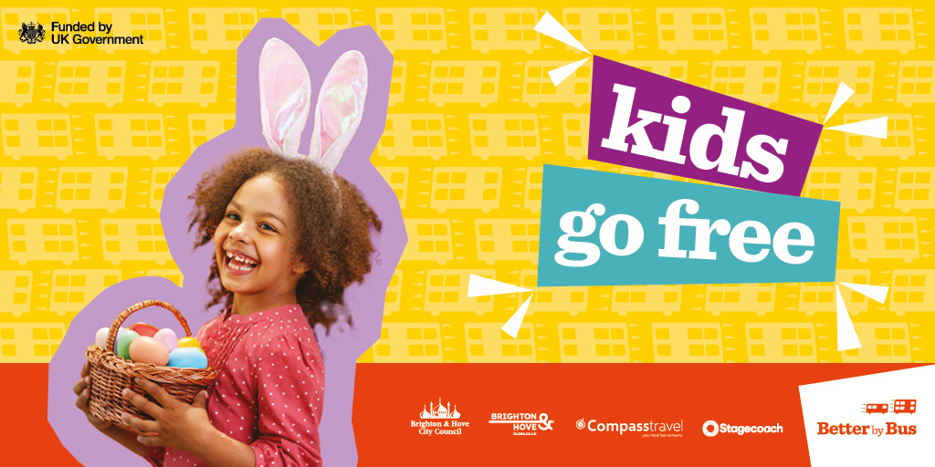 'Kids Go Free' with a girl with bunny ears holding a basket of eggs.