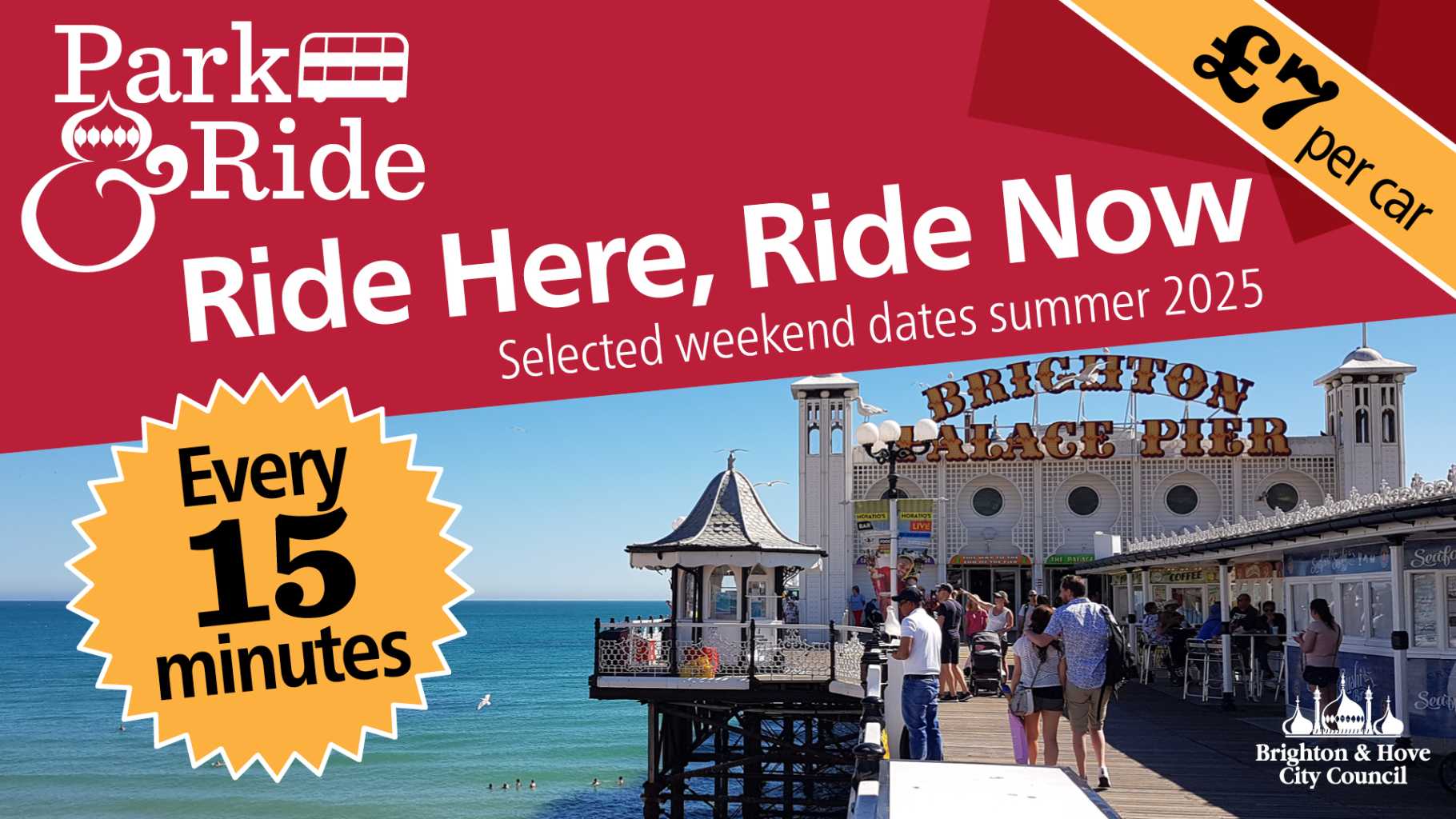 a photo of brighton pier with the words 'ride here, ride now' overlaid