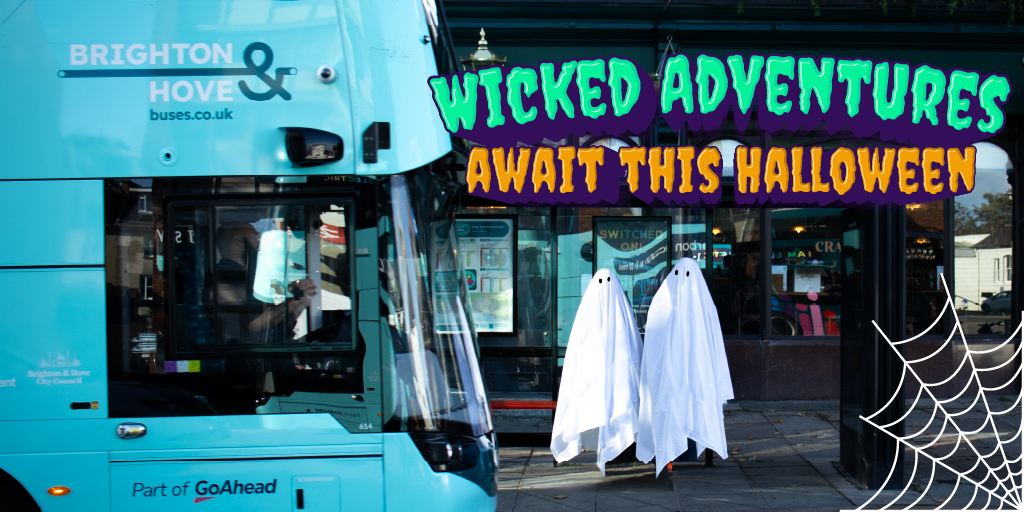 two ghosts waiting for a bus with a halloween graphic overlaid