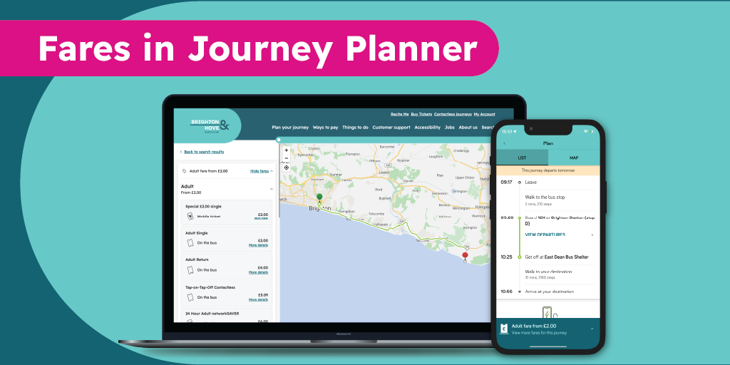 Illustration of an open laptop and phone facing frontward with the words 'Fares in Journey Planner' in a hot pink lozenge on a teal background with the Journey Planner displayed on their screens 