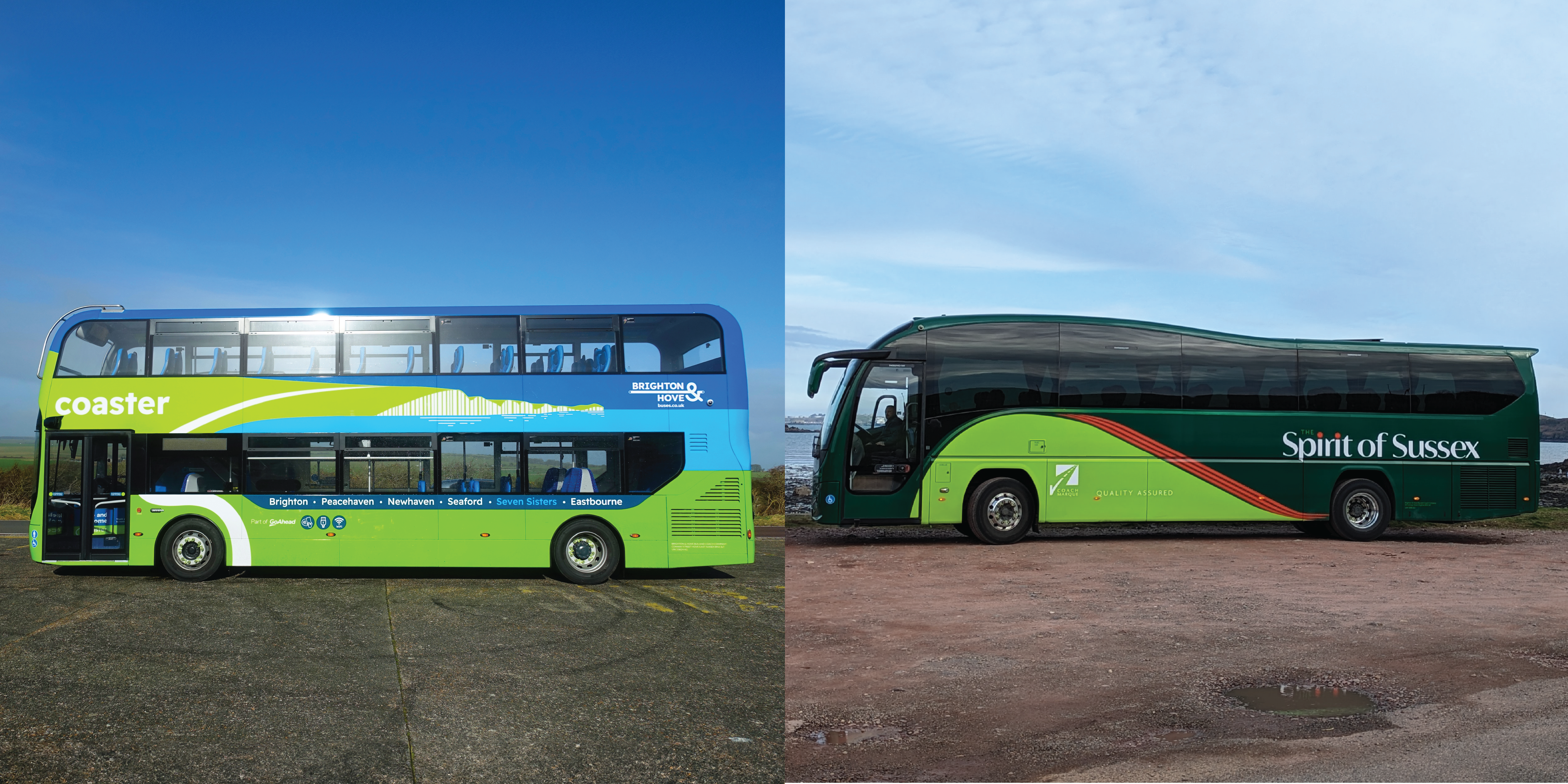 Collage of two images. Left image shows a parked double decker bus with green coaster design. Right image shows parked dark green coach with spirit of sussex text
