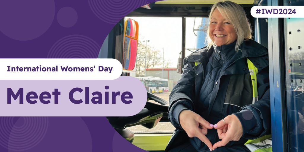 A bus driver sat in the driver's seat making a heart gesture with their hands with text saying 'Meet Claire'