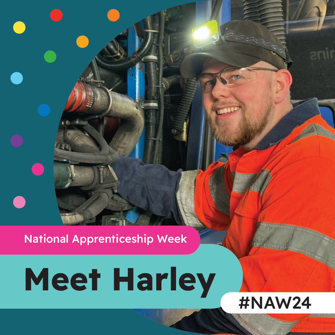 Person wearing high-vis, hat and a head torch smiling and working on the engine of a bus with the words 'Meet Harley' and 'National Apprenticeship Week' 