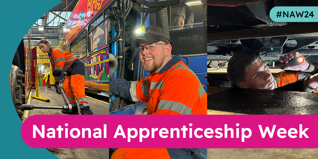 Series of three images of people wearing high-vis clothing working on buses with the text 'National Apprenticeship Week'