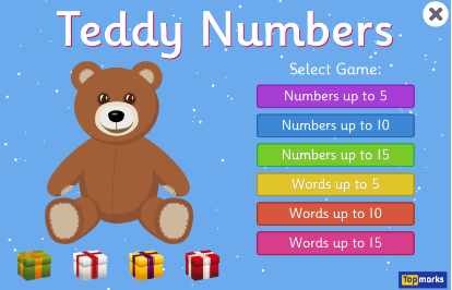 Picture of a Teddy with the wording Teddy Numbers. The image is a game of counting. 