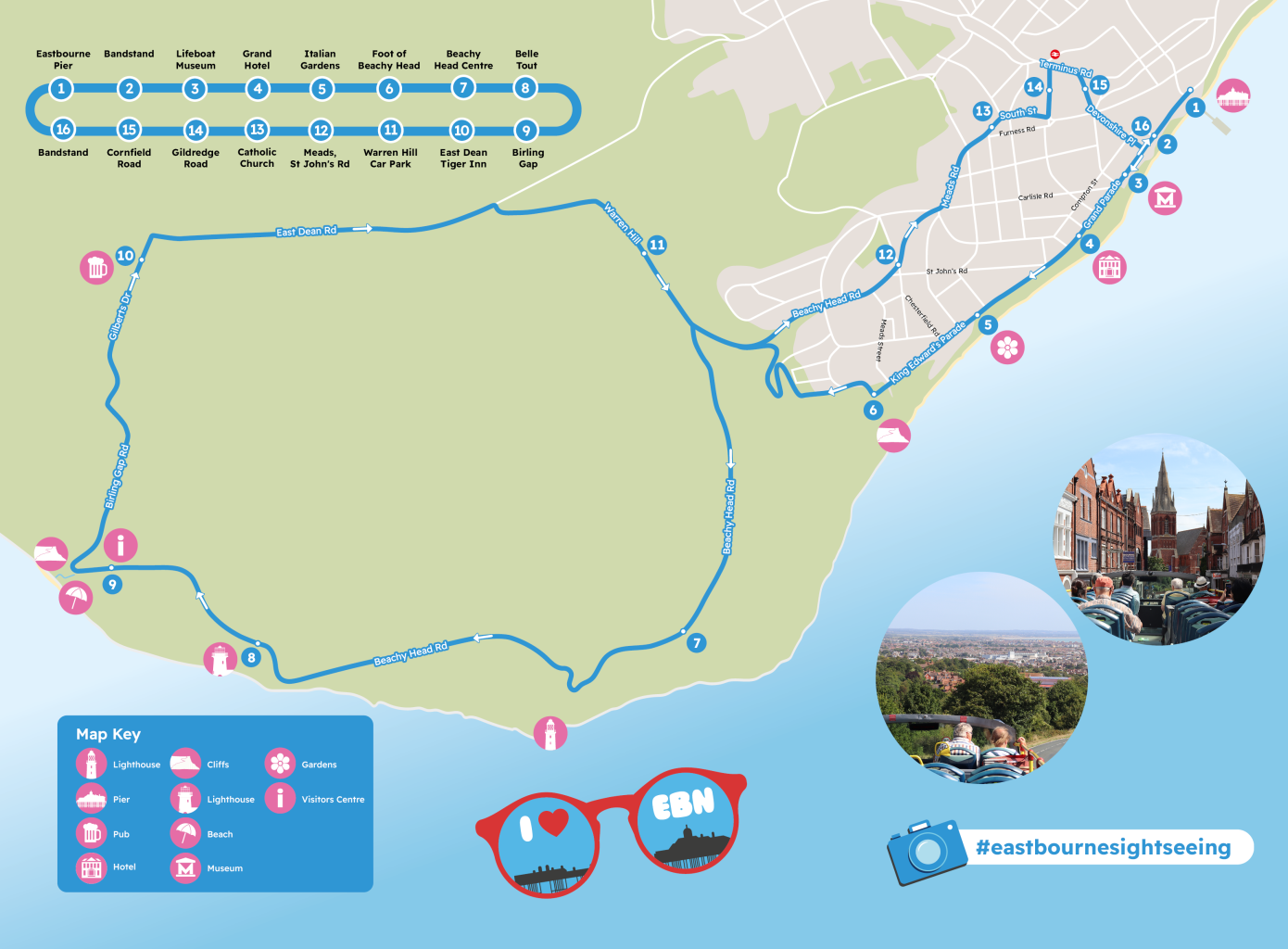 illustrated map of the eastbourne sightseeing buse route