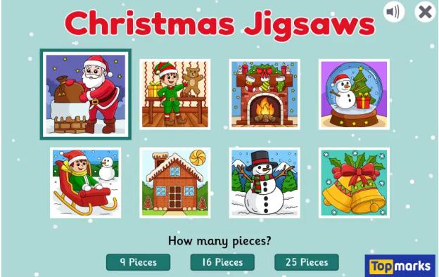 Christmas Jigsaws with 8 images of different types of jigsaw. 
