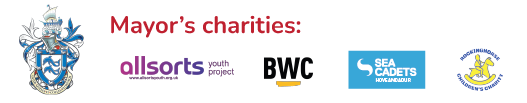 logos for allsorts youth project, BWC, sea cadets and rockinghorse childrens charity, alongside the mayor's crest