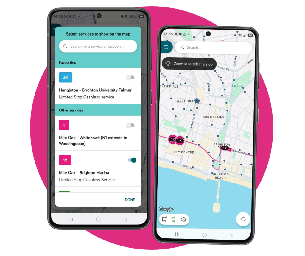 2 app screenshots showing 3X favourited, but 1X toggled onto the map view 