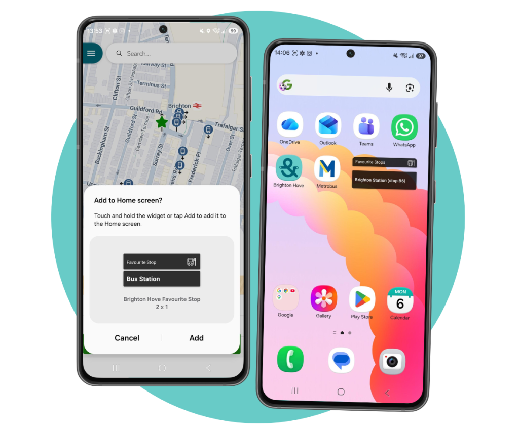 2 app screenshots showing the app asking if you want to add your favourite route to your homescreen, then the route being on the homescreen