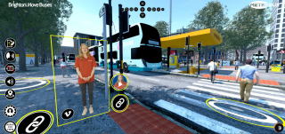 Picture of the opening page of Virtual Bus 360 . In the front of the picture is Sam Hart, accessibility and communities officer for Brighton & Hove Buses and Metrobus. It also shows on the left of the screen the options for people to choose their user pretences including text to speak. In the background shows a bus parked alongside the Virtual Bus 360 Superhub.  
